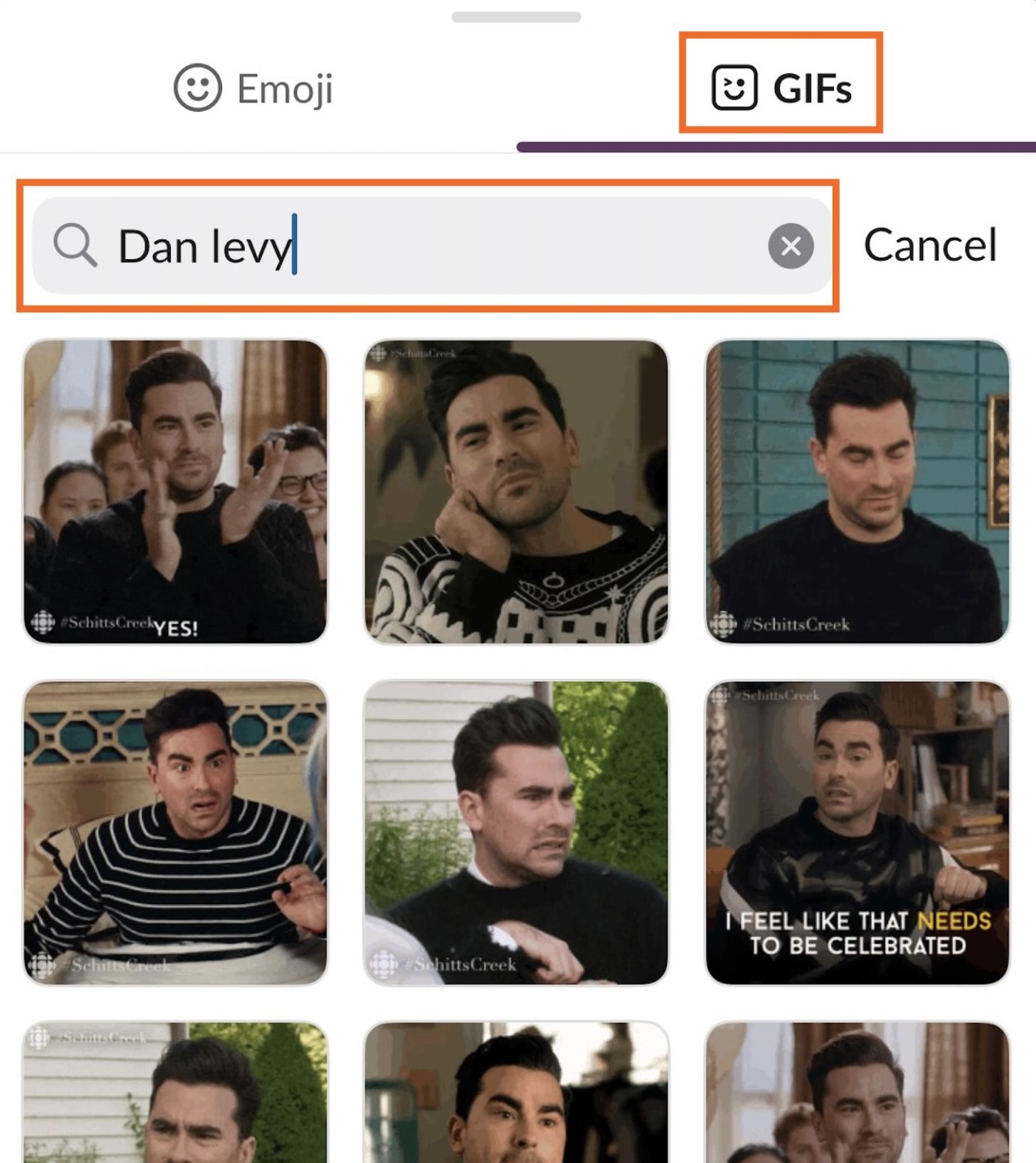 The GIF picker in Slack on mobile