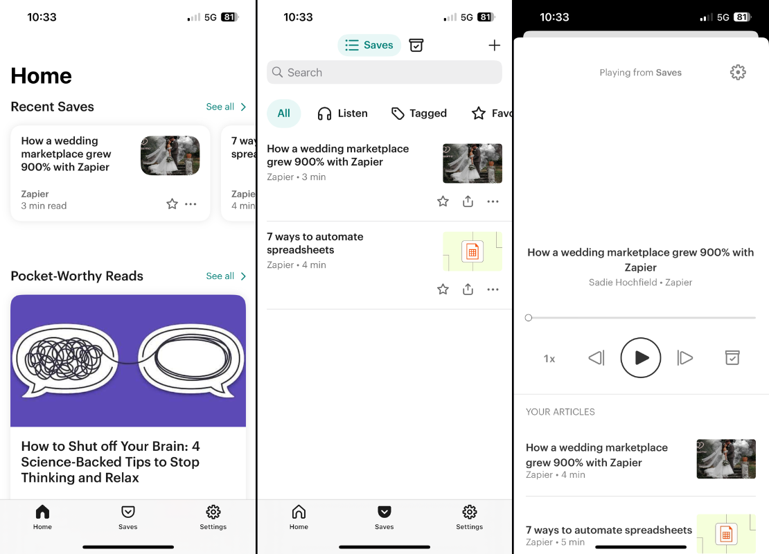 Pocket, our pick for the best iPhone productivity app for reading things later