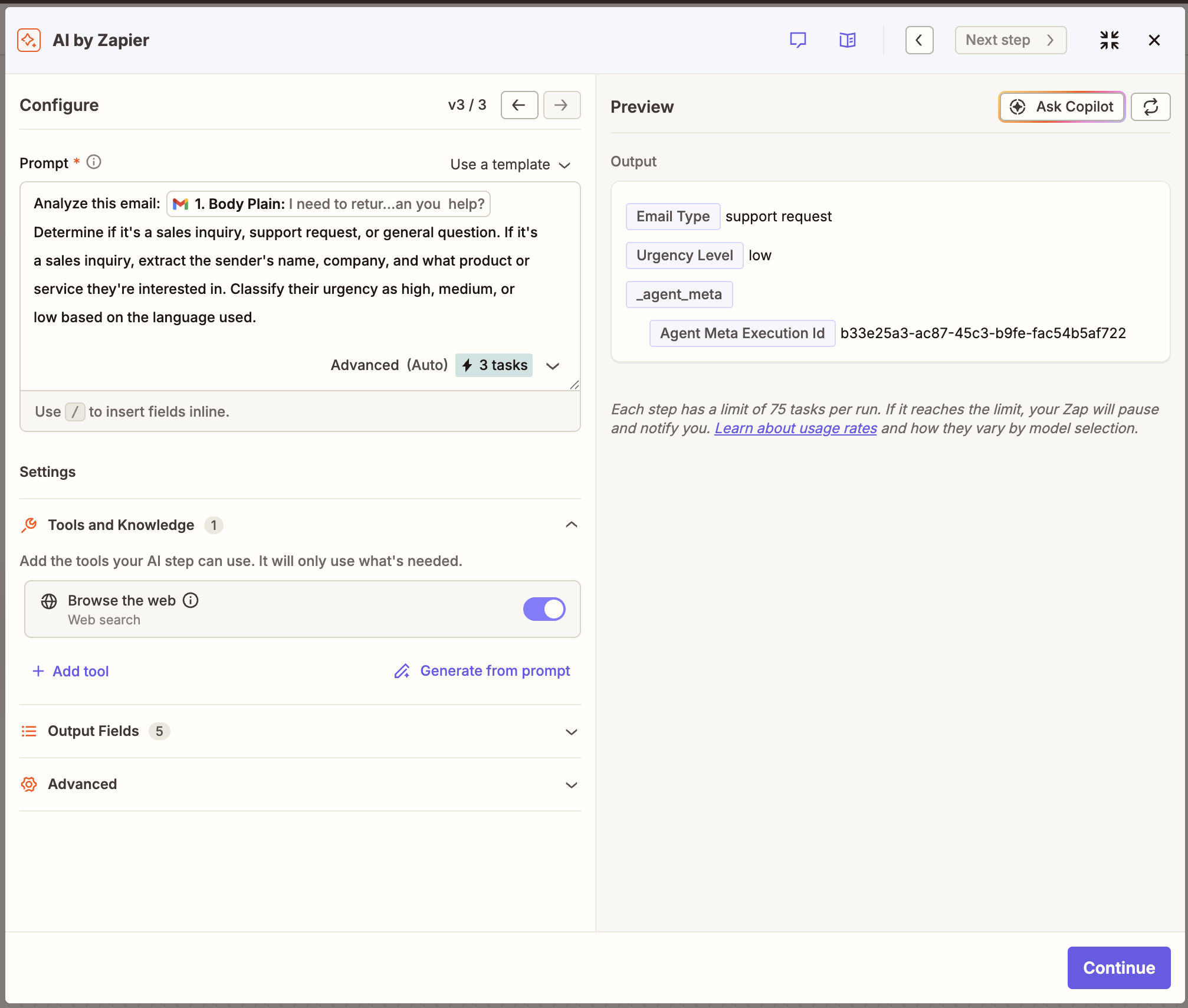 The configuration page for an AI by Zapier step