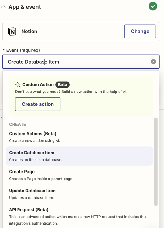 A dropdown for the trigger event for Notion with Create Database item selected.