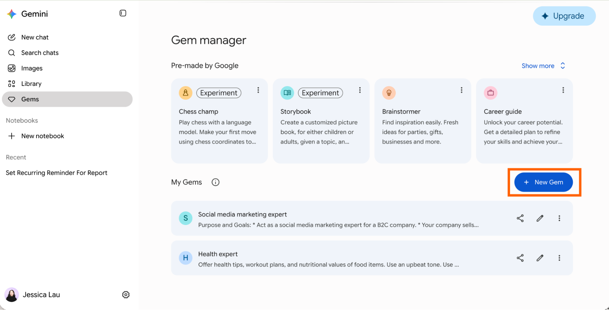 Gemini Gem manager with New Gem highlighted.