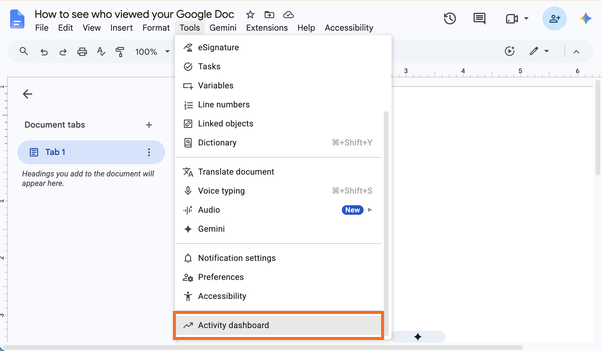 Expanded view of the tools dropdown in Google Docs with activity dashboard highlighted.
