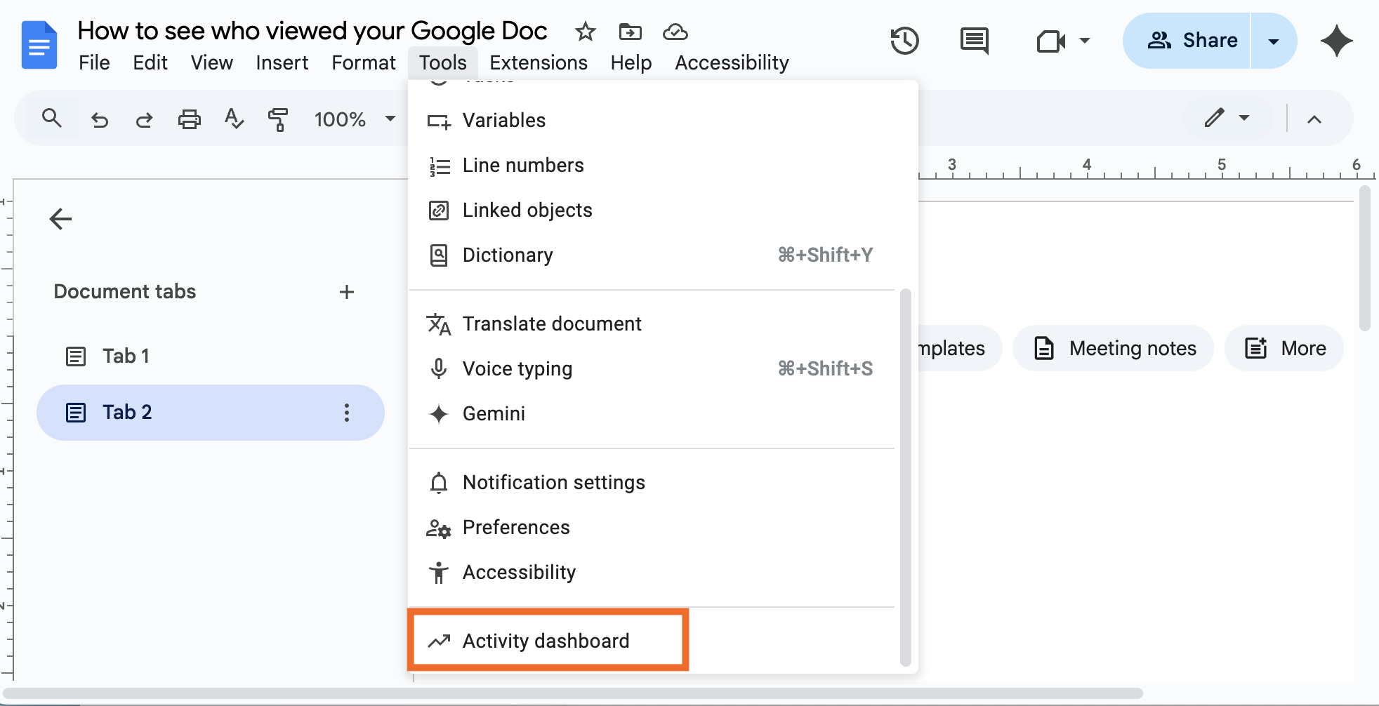 Expanded view of the tools dropdown in Google Docs with activity dashboard highlighted.