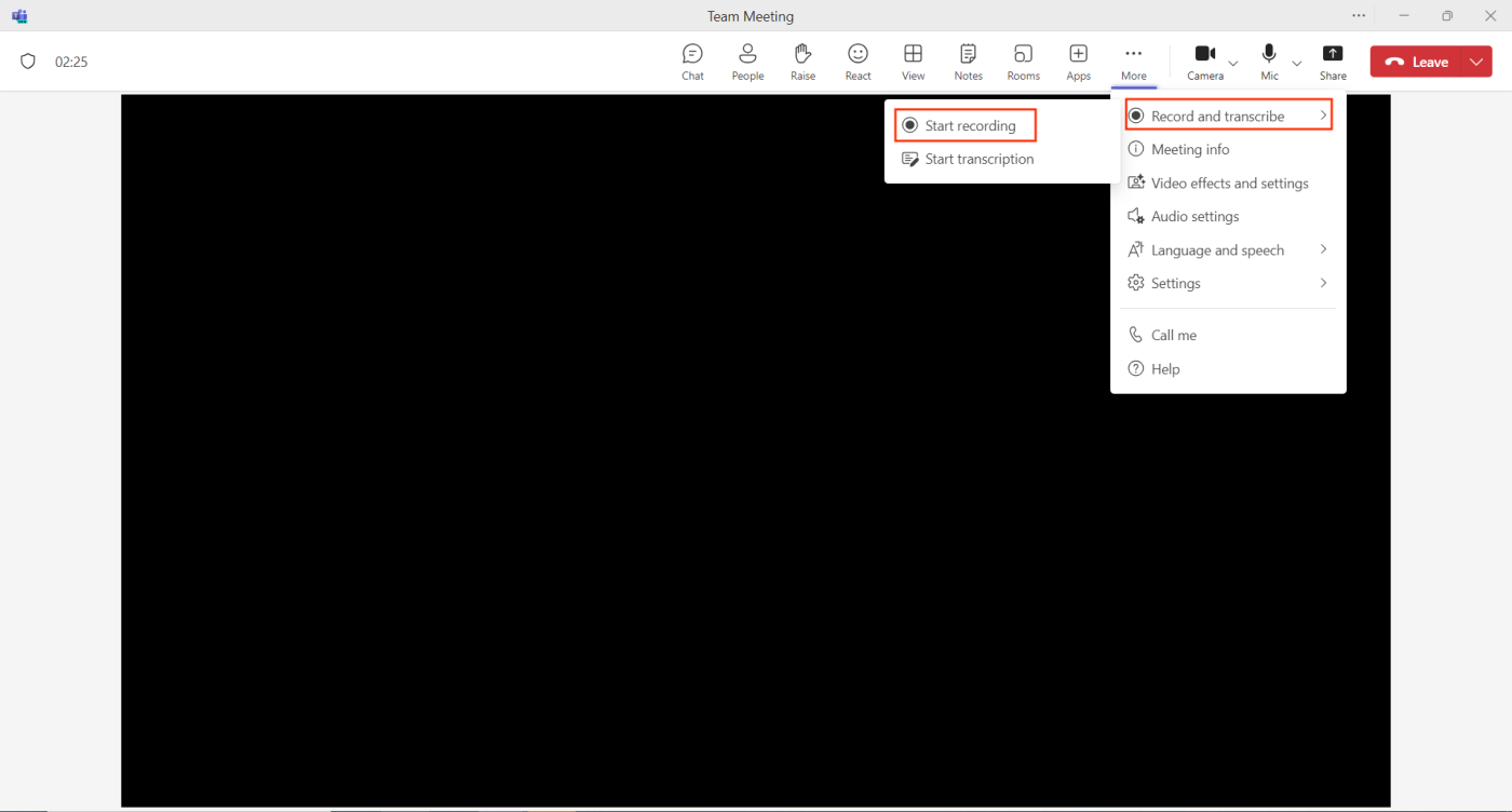 Image showing the Start recording button in Teams.
