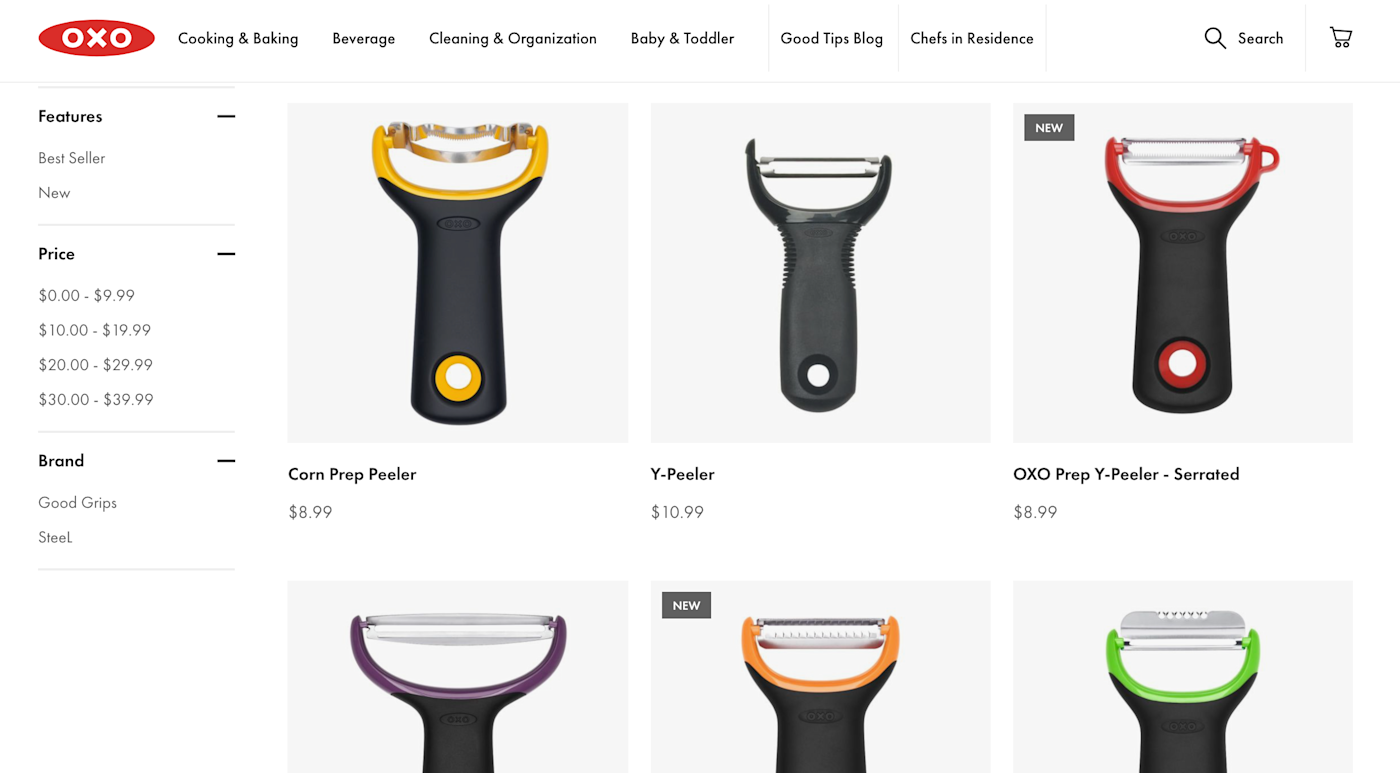 A screenshot of various OXO vegetable peelers from the OXO website