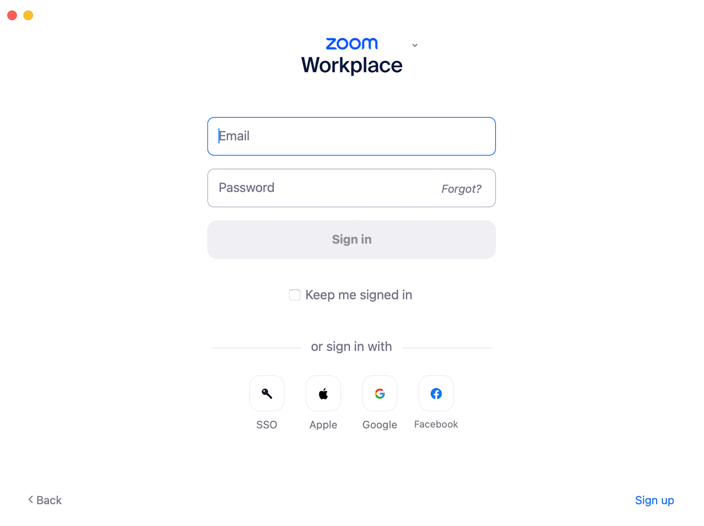 Sign-in page of the Zoom desktop app.