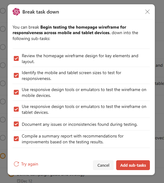 Todoist's AI breaking a task down