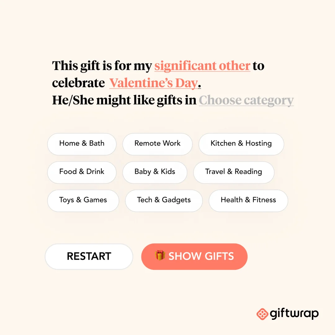Screenshot of a giftwrap.ai display ad where the reader can select categories for Valentine's Day gift ideas