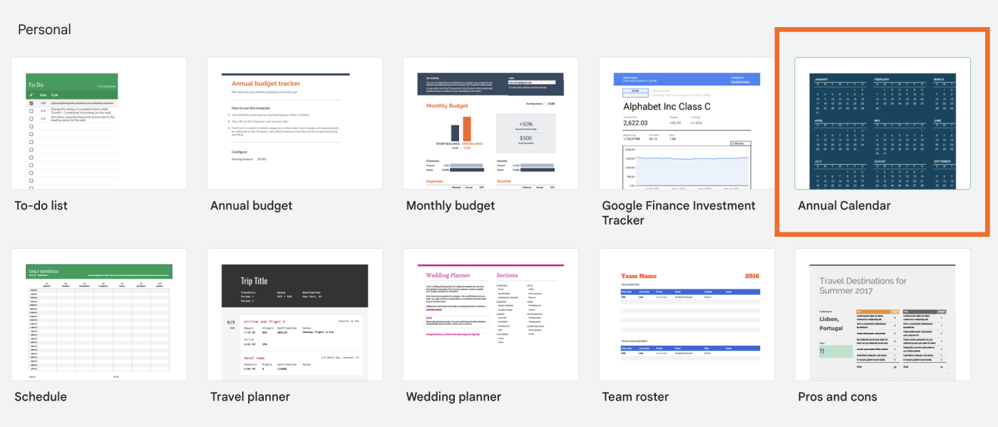 Screenshot showing where to select the Annual Calendar template in Google Sheets.