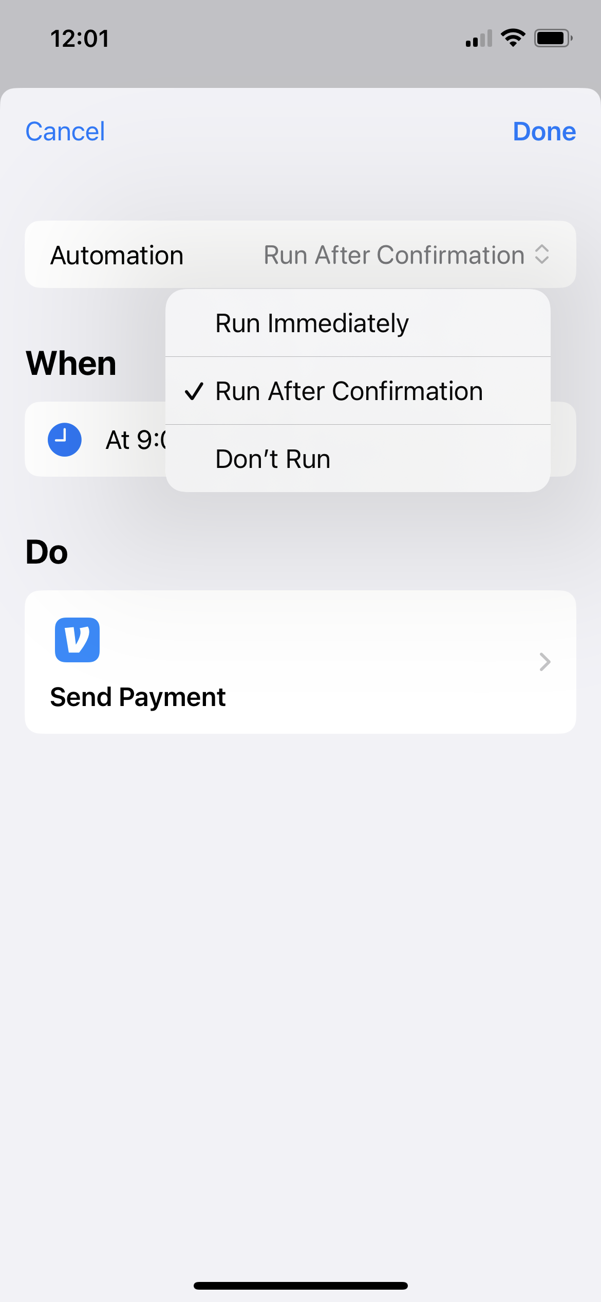 A screenshot of the summary of an automated Venmo payment