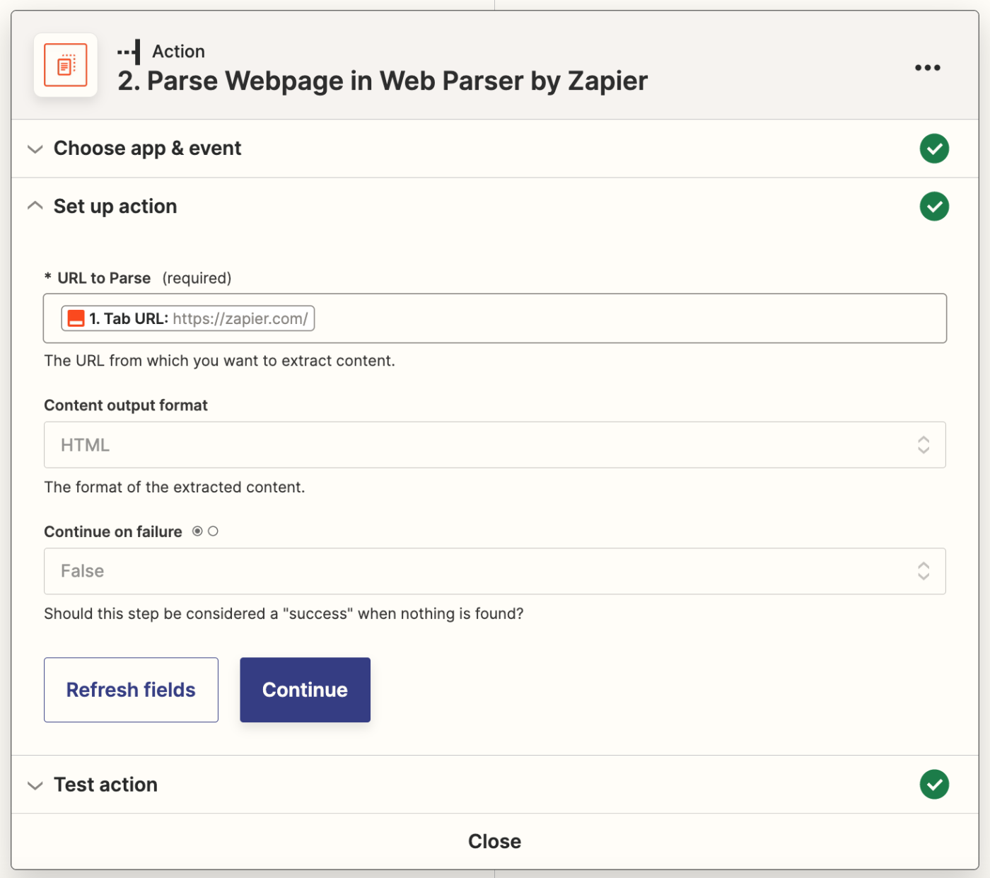 An action step in the Zap editor with a web parser by Zapier step.