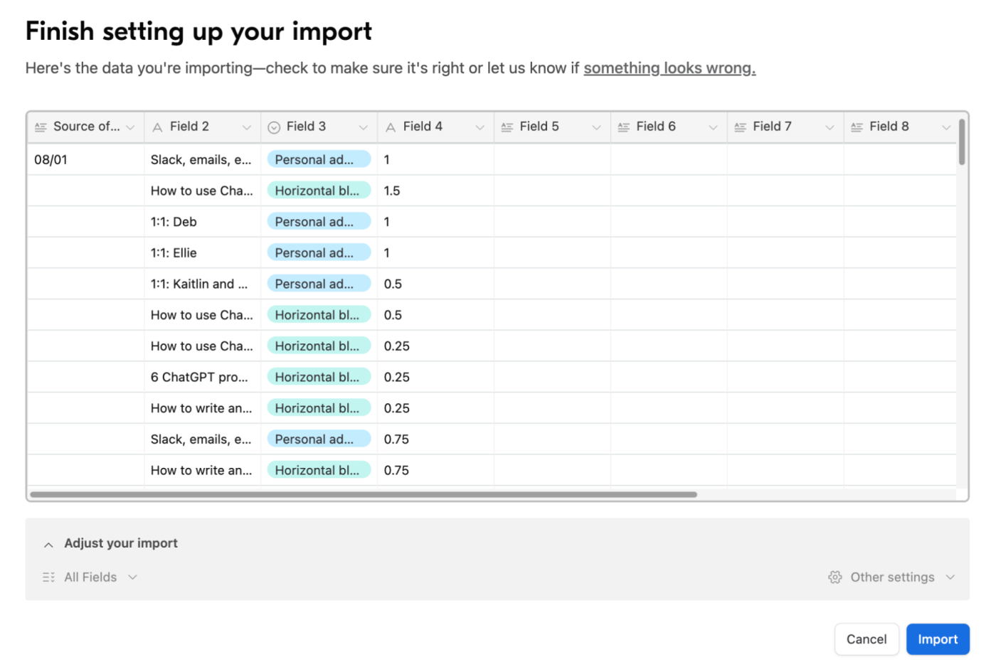 Example of the final stage of importing data to Airtable.