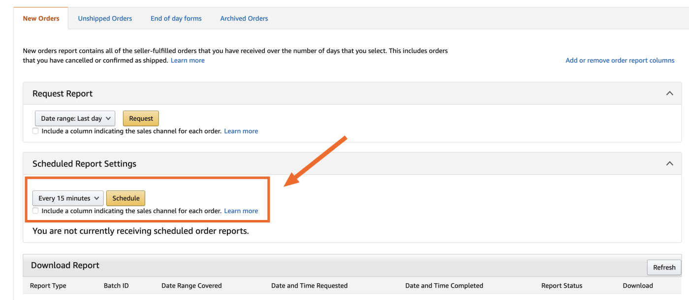 Scheduling order reports in Amazon Seller Central