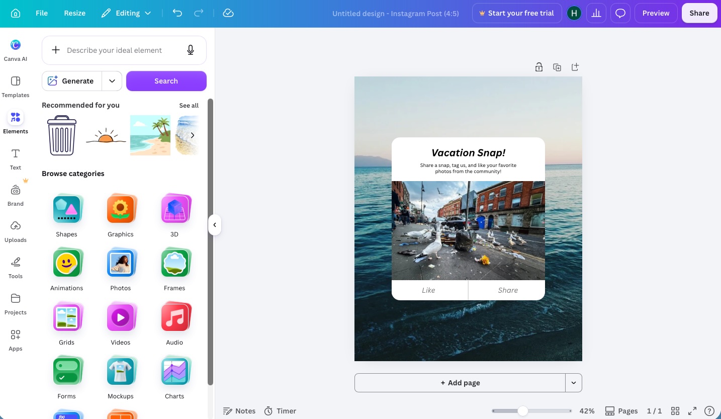 A screenshot of Canva, our pick for the best free design tool for create social media graphics from a template