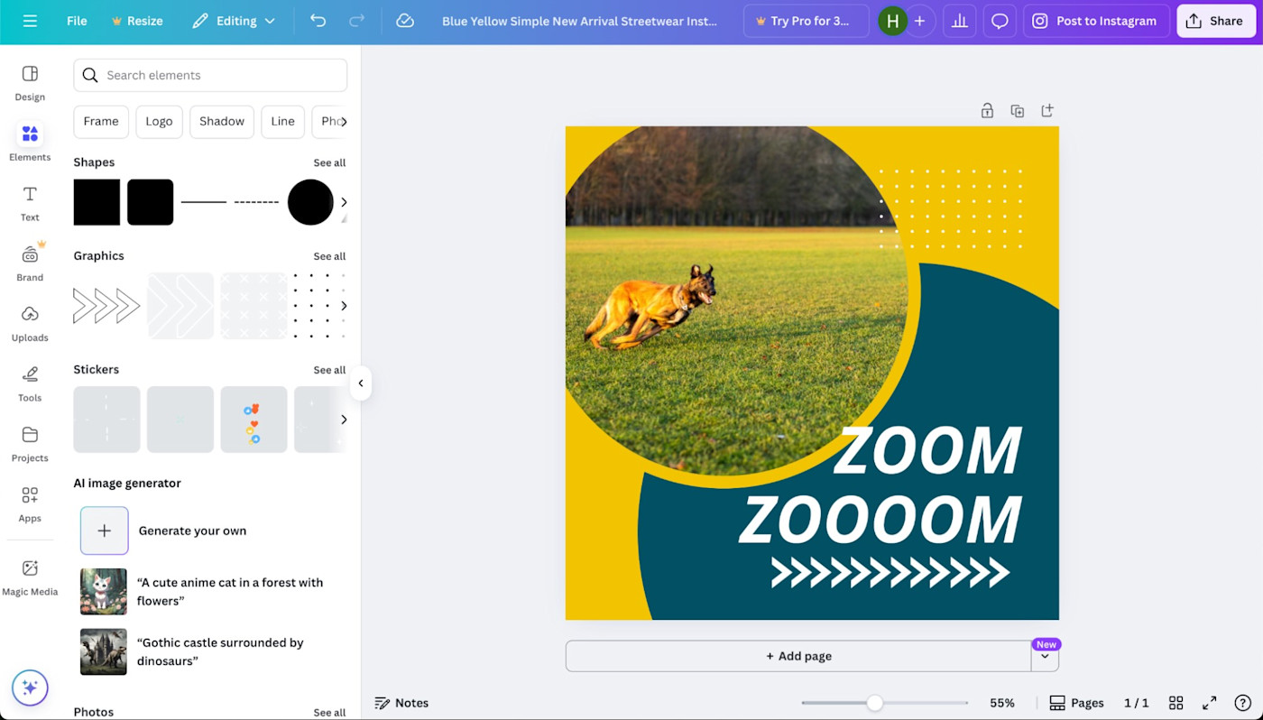 A screenshot of Canva, our pick for the best free design tool for create social media graphics from a template