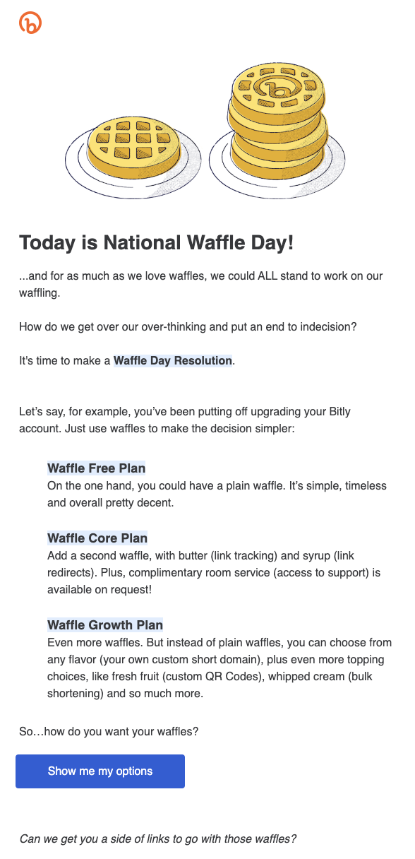 An email from Bitly about National Waffle Day