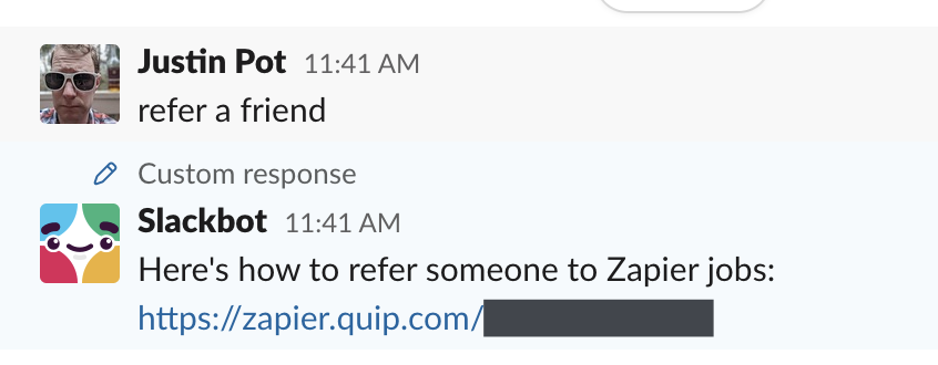 Slackbot reply in action