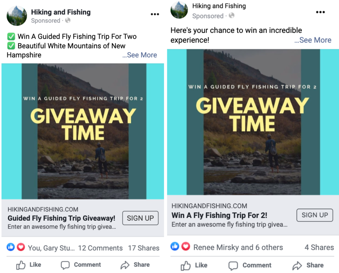 Two similar social media posts, one with green checkmark emoji and the text "Win a guided fly fishing trip for two" and "Beautiful white mountains of New Hampshire" while the other says "Here's your chance to win an incredible experience!"