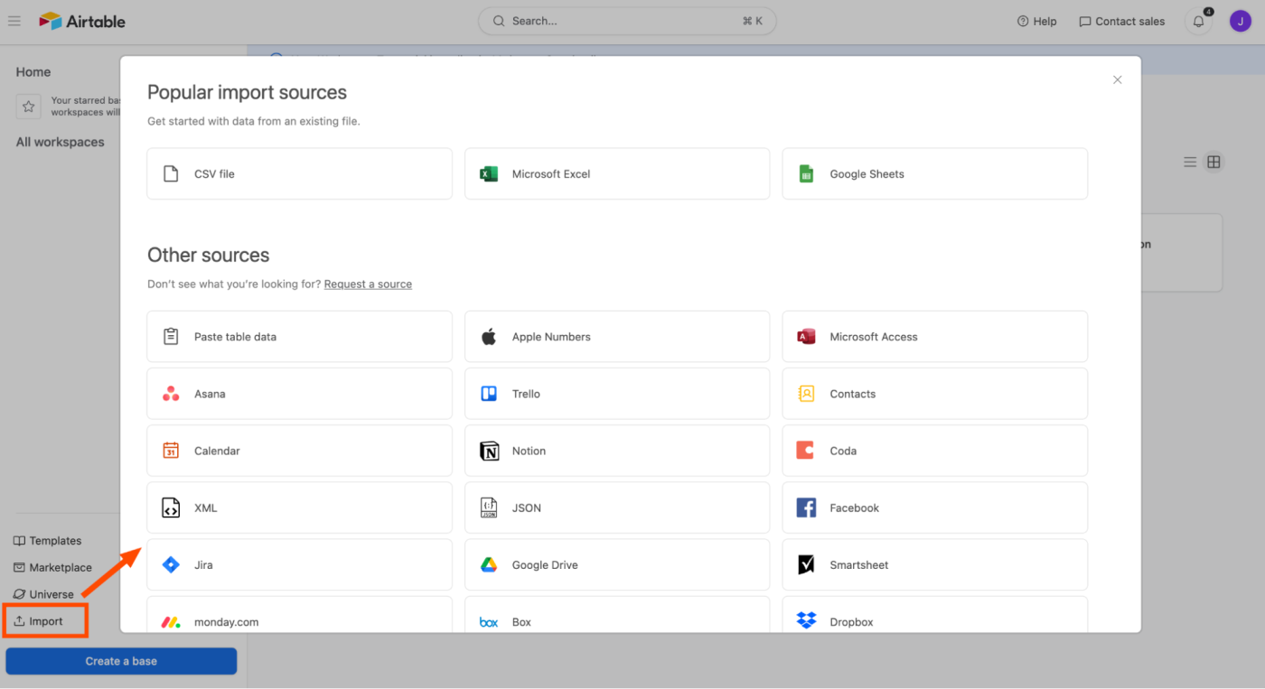 Import sources in Airtable.