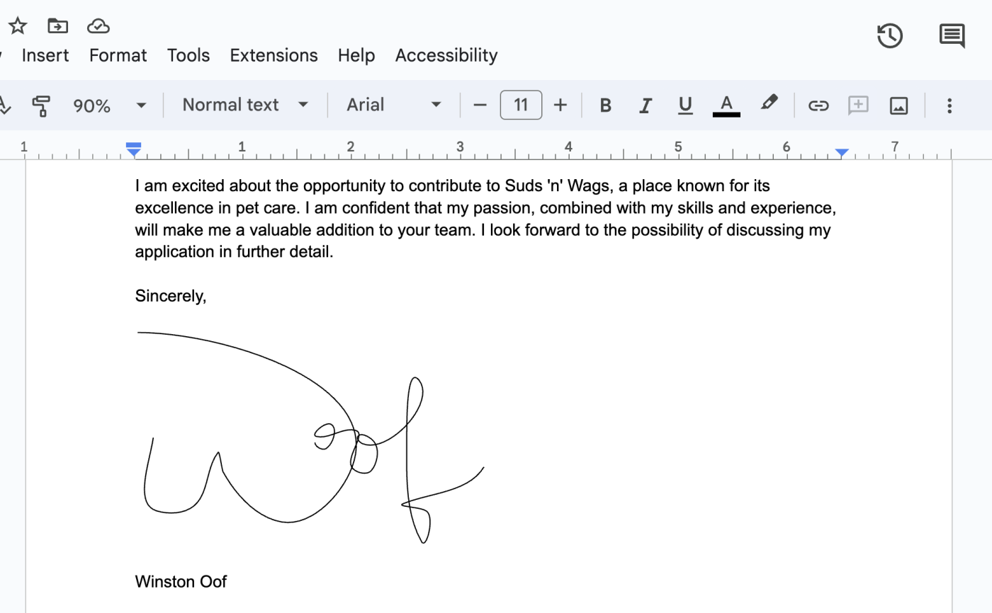 Example of a signature in a Google Docs cover letter.