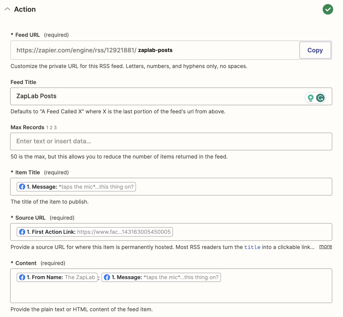 A screenshot of the customization options for an RSS by Zapier action step in the Zapier editor.