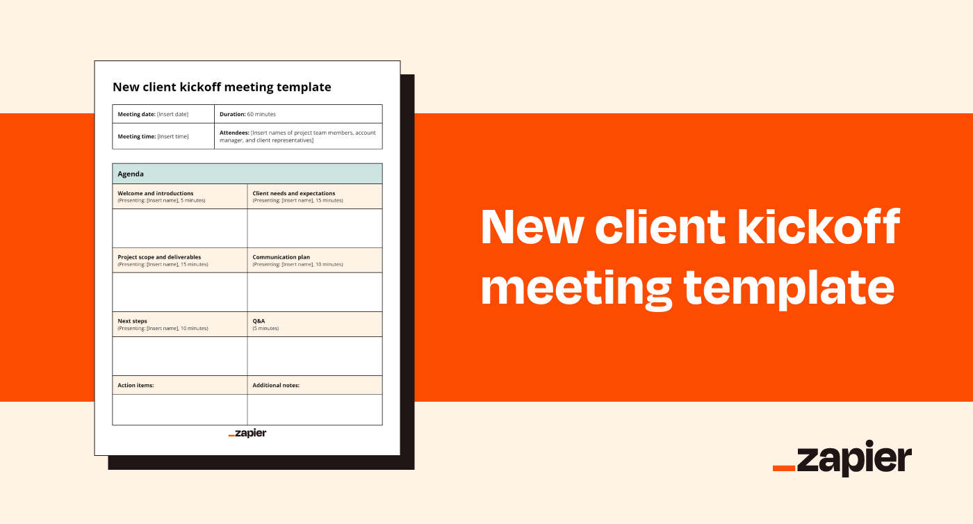 Screenshot of Zapier's new client kickoff meeting template on an orange background