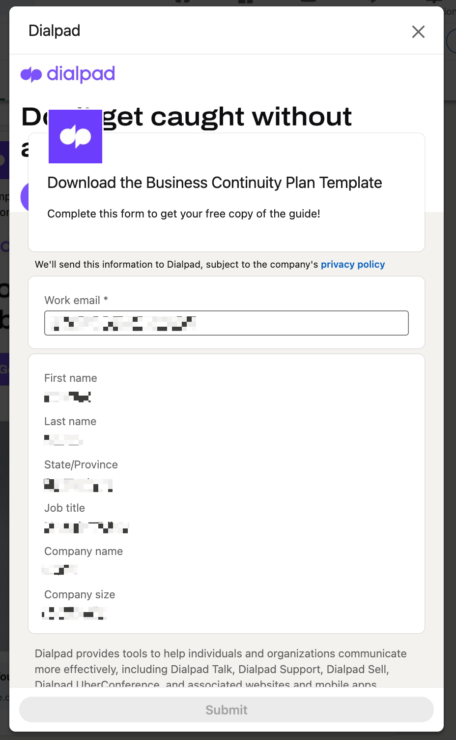 LinkedIn Lead Gen Form example from Dialpad, with information about the company in the footer of the form.