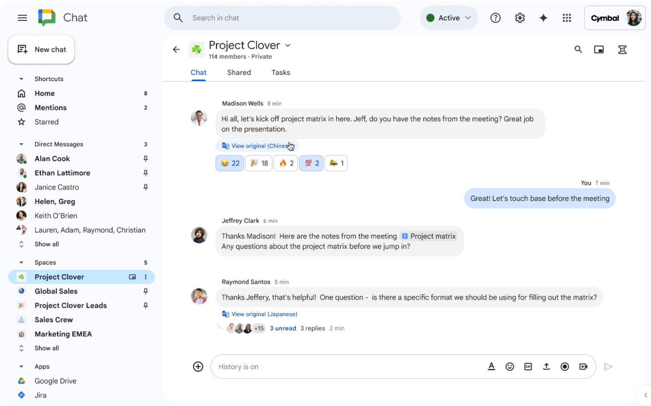 In-line translation in Google Chat