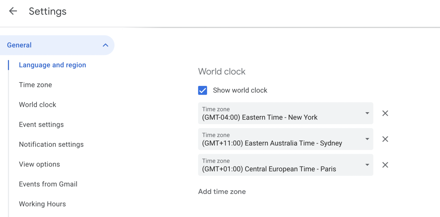 Google Calendar world clock