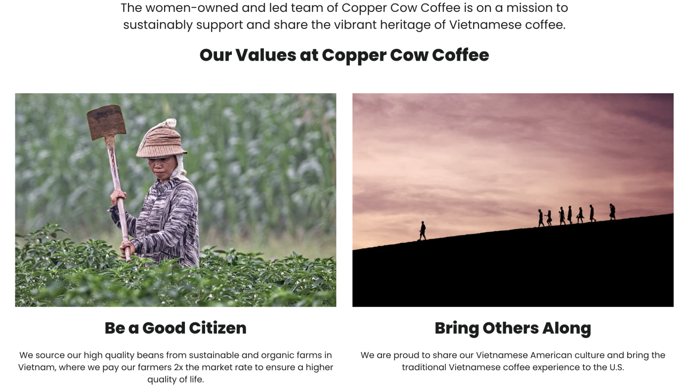 Screenshot of Copper Cow Coffee's values and mission statement 
