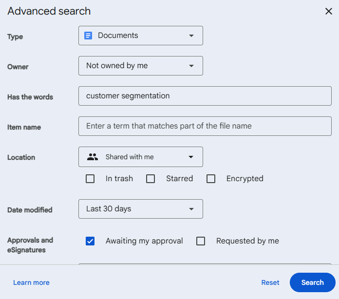 Advanced search in Google Drive