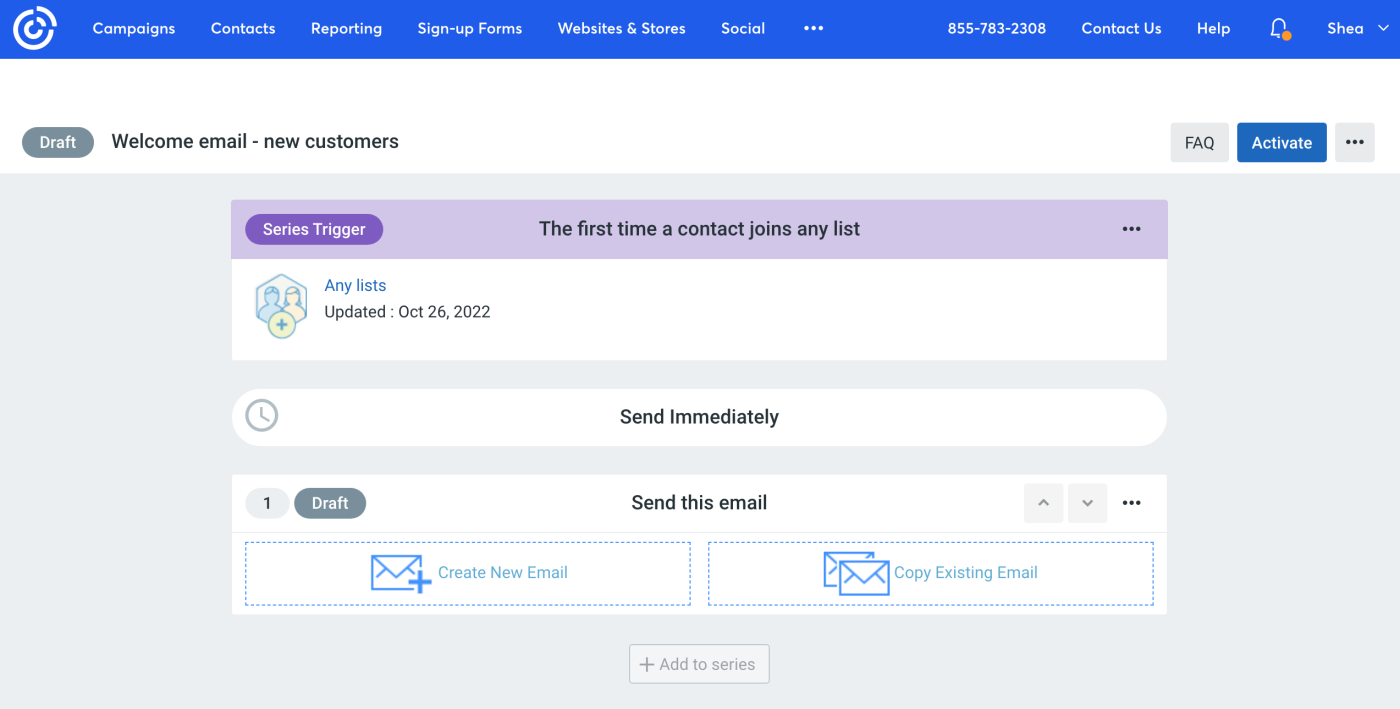 Screenshot of Constant Contact's "Welcome email" automation