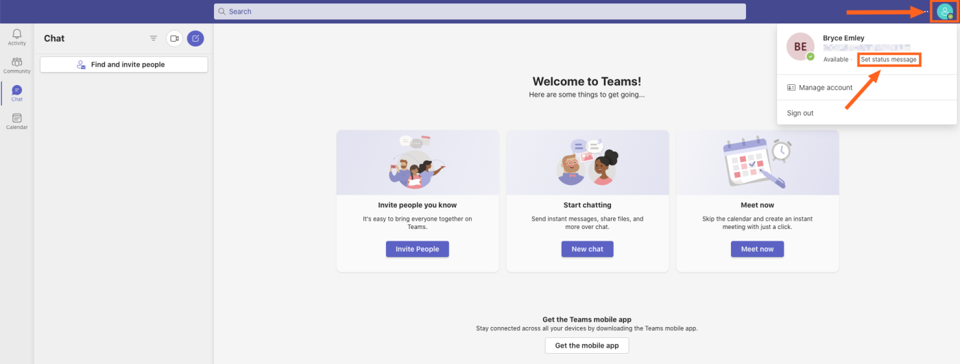 Screenshot of Teams 365 dashboard with profile icon menu