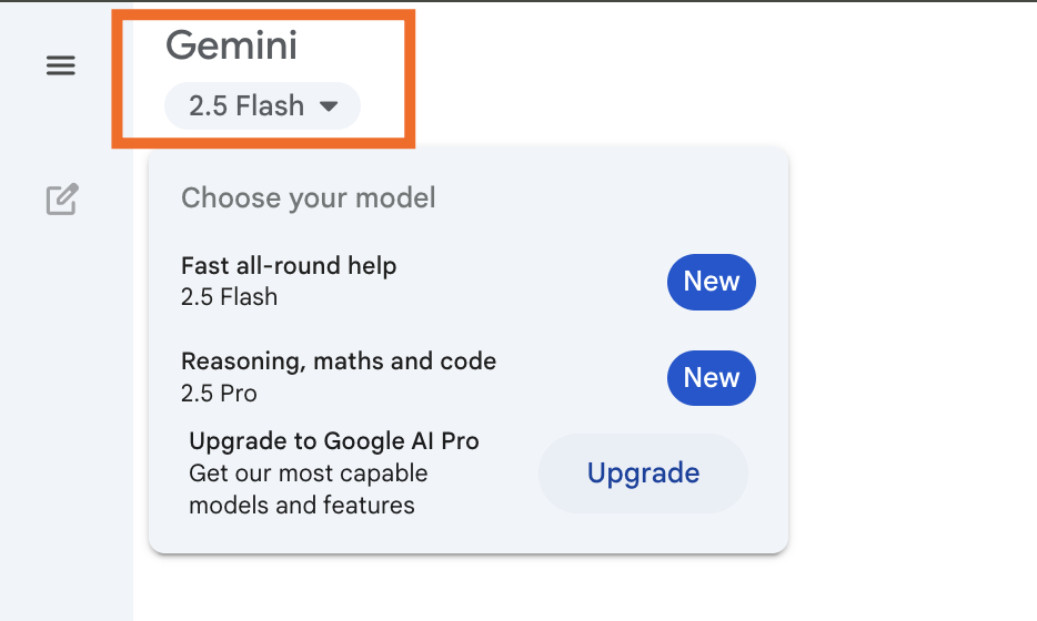 Expanded view of the model dropdown in Gemini. 