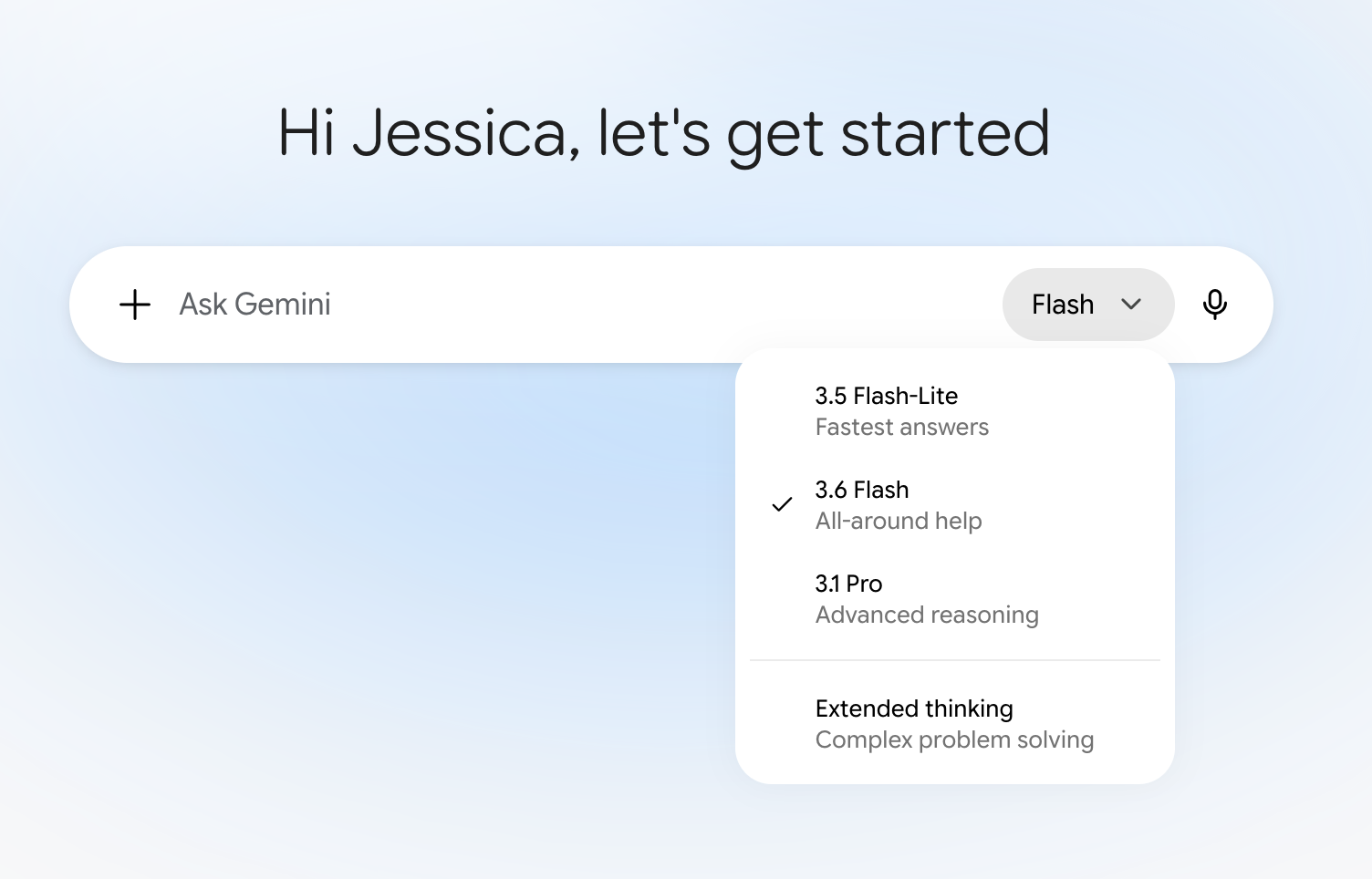 Expanded view of the model dropdown in Gemini.