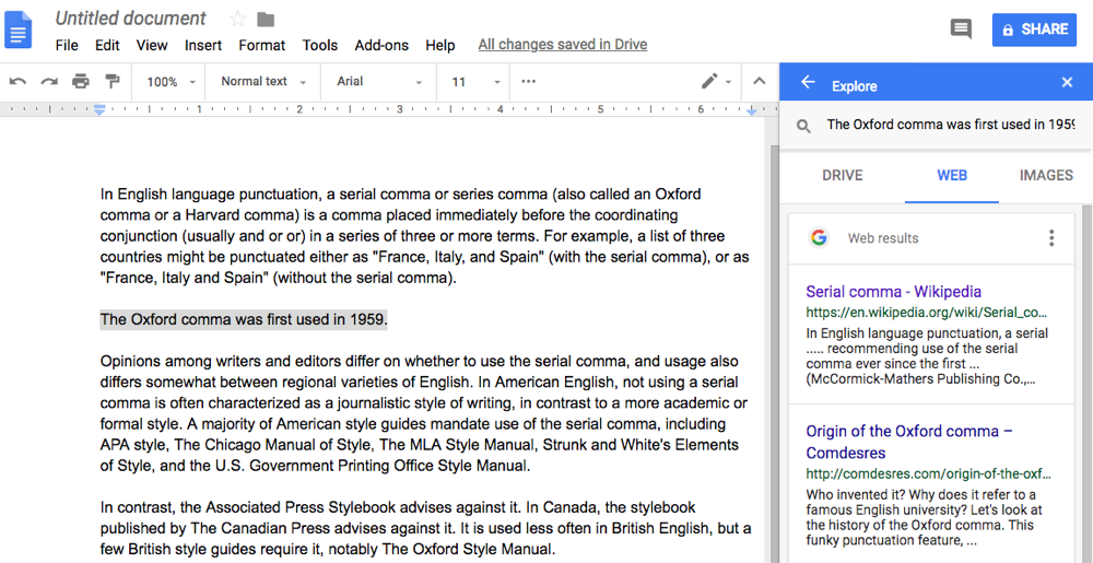 search the internet without leaving Google Docs