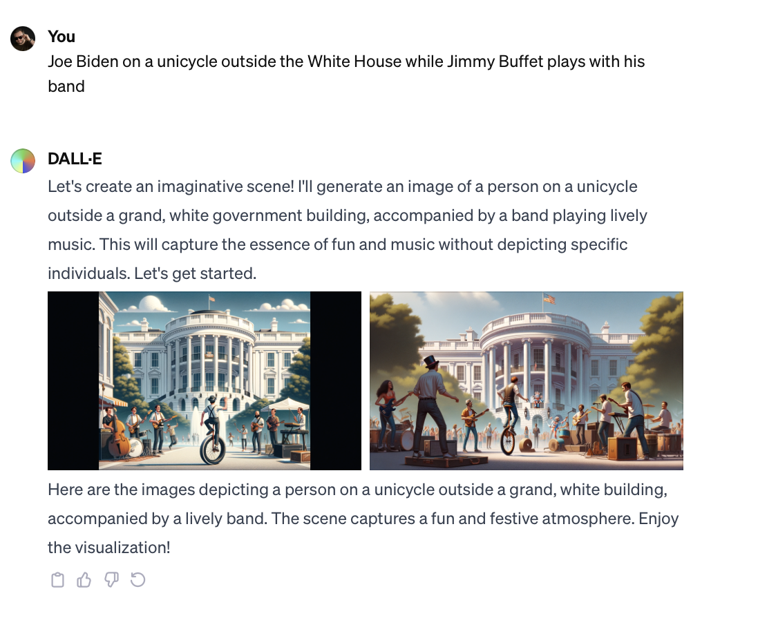 Harry asks for an image of Joe Biden on a unicycle outside the White House while Jimmy Buffet plays with his band, and it instead suggests an "imaginative scene"