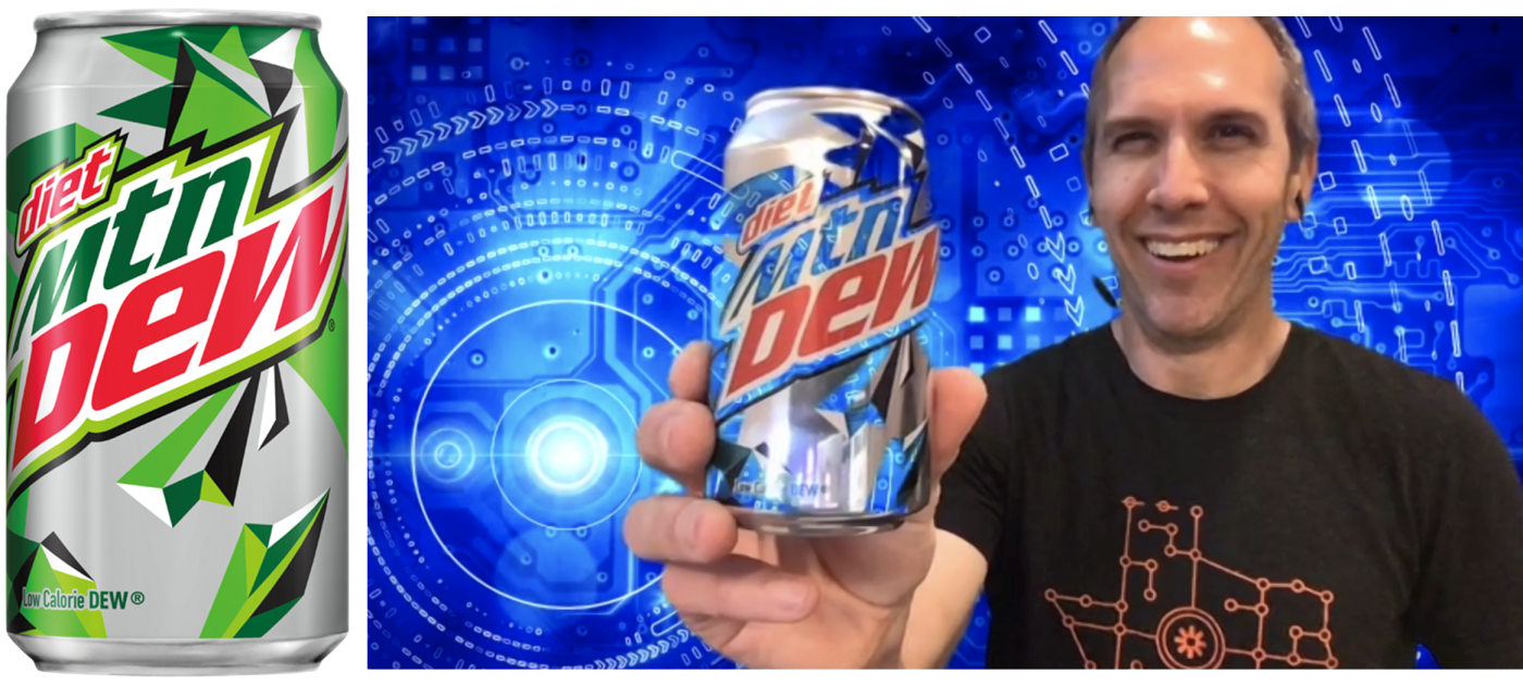 The green parts of a Mountain Dew can looking blue against Ben