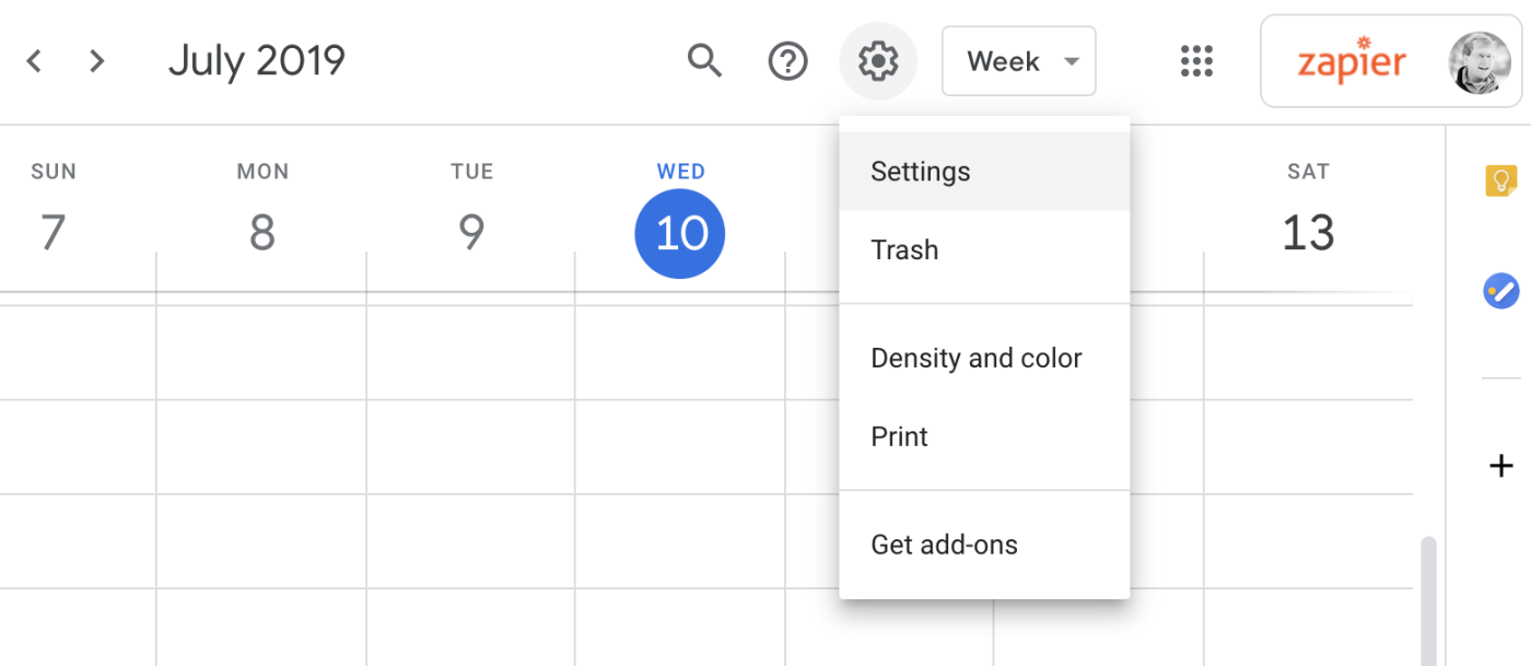 Settings button in Google Calendar