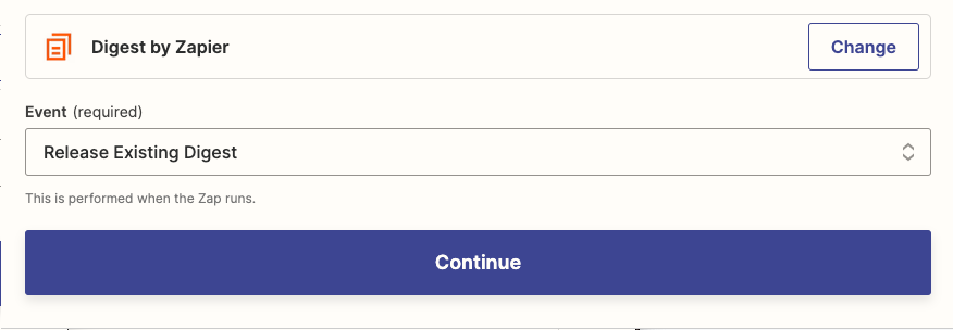 Customizing an action step in the Zap editor. Digest by Zapier is the app and "Release Existing Digest" is the app event. 
