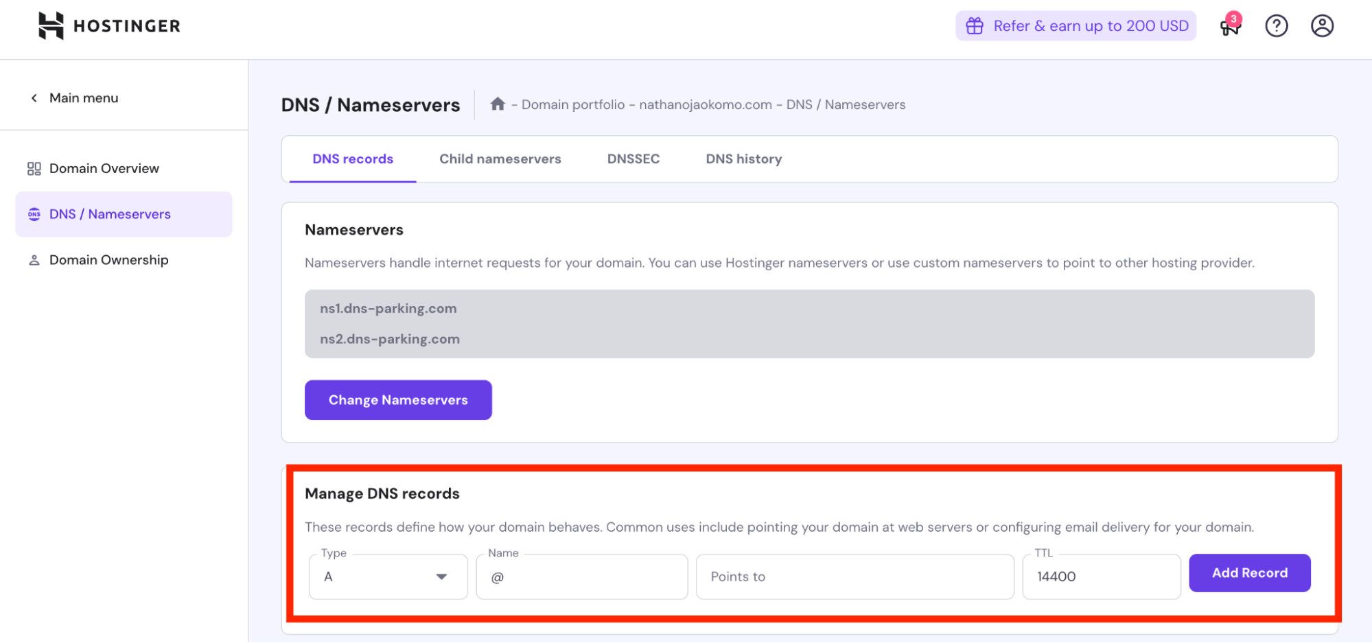The Manage DNS Records section