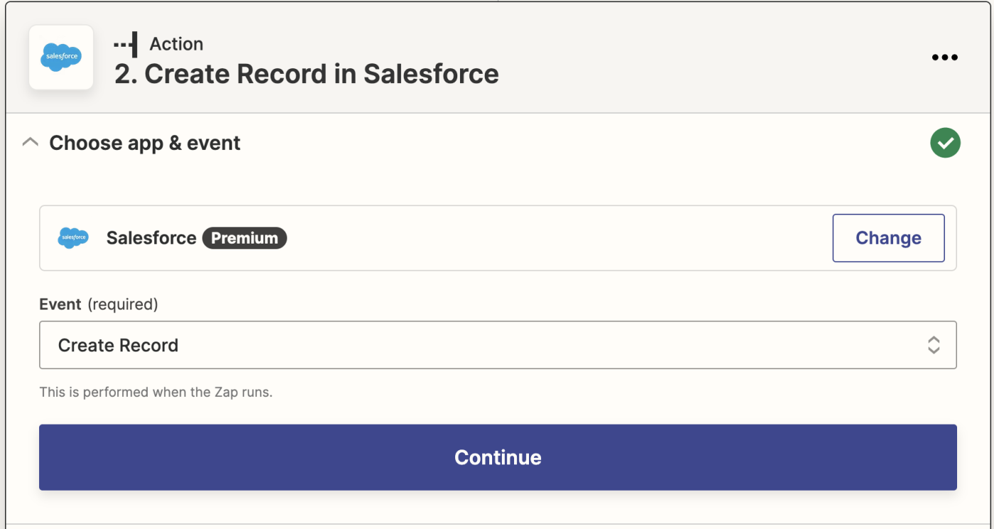 A Salesforce account is shown selected with Create Record selected in the "Event" dropdown.