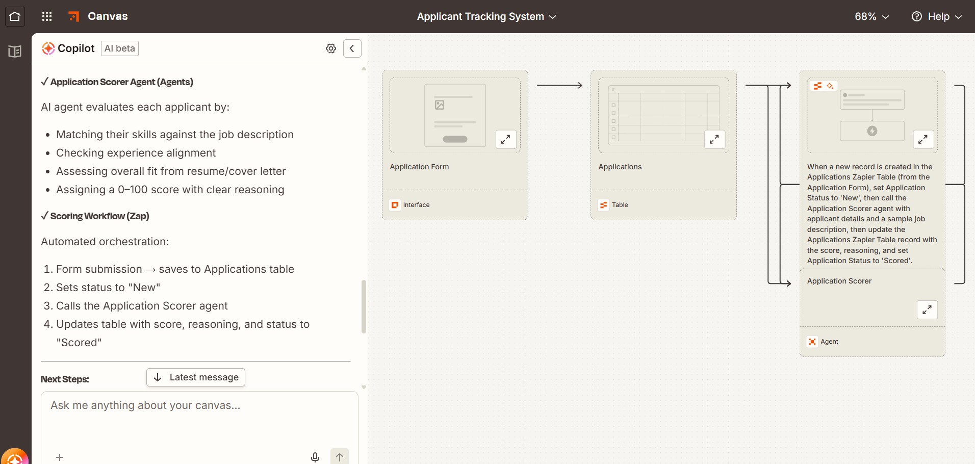 Using Zapier Copilot in Zapier Canvas