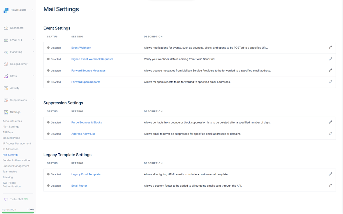 SendGrid email settings