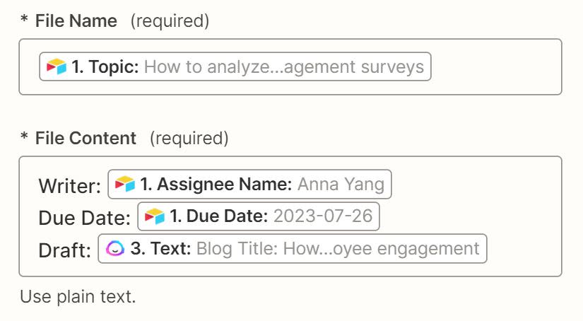 Airtable data has been added to the File Name and File Content fields to show the topic, writer, due date, and blog text generated from Jasper.