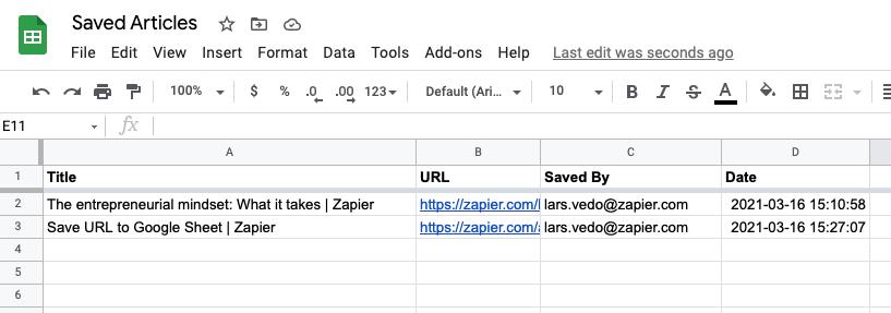 A Google Sheet with columns for title, URL, saved by, and date.