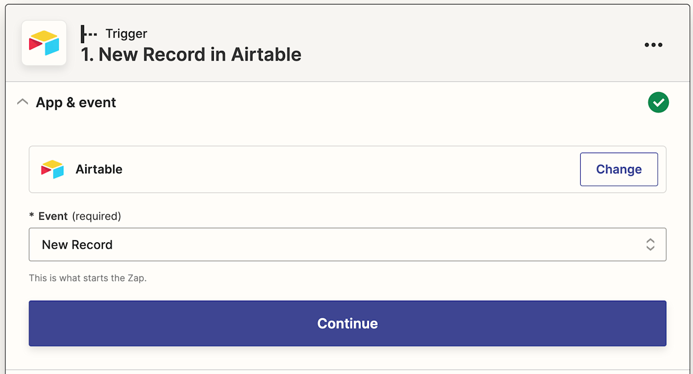 An Airtable trigger step in the Zap editor