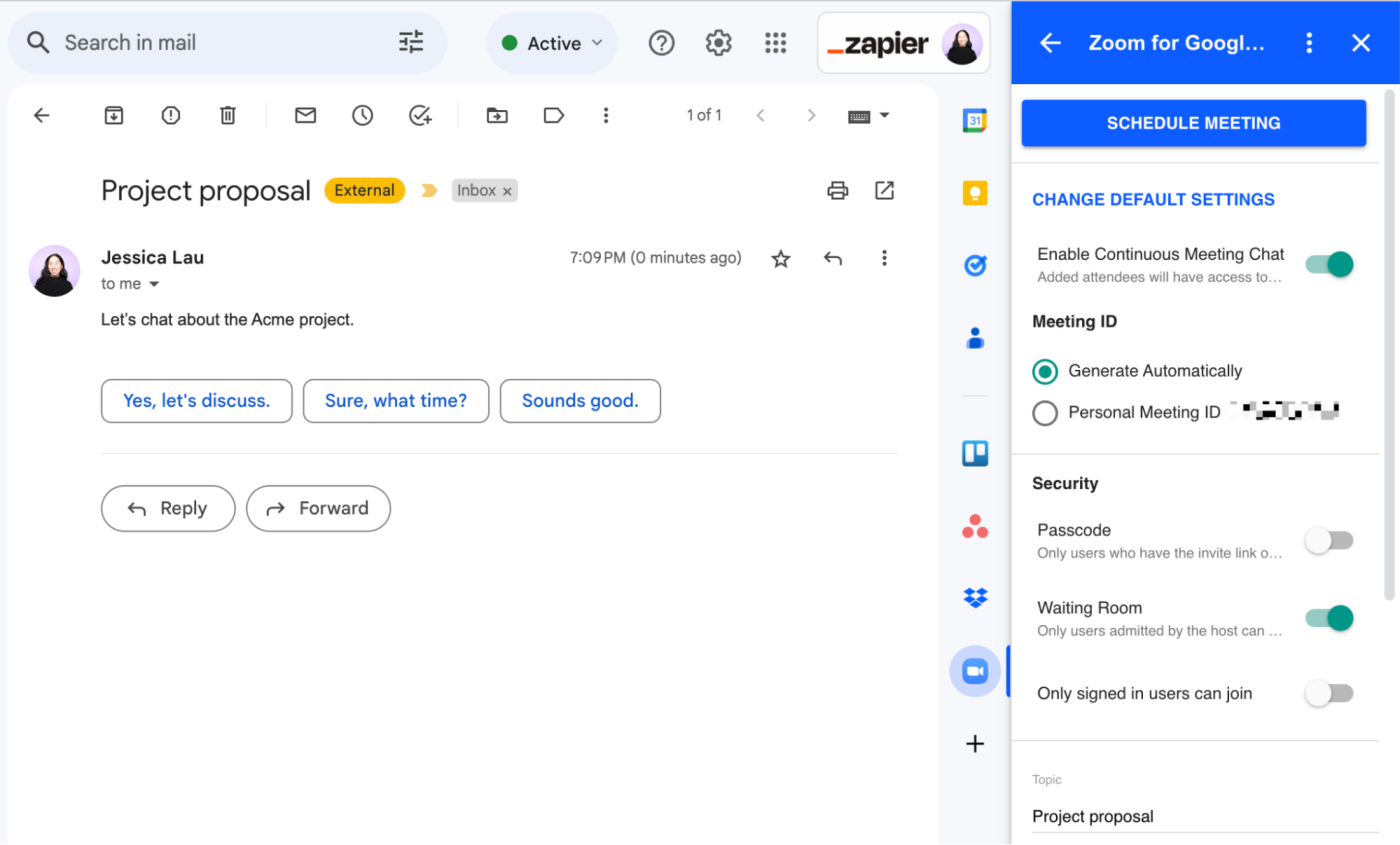 Open email in Gmail. In the adjacent Zoom for Google Workplace side panel, there's a "Schedule Meeting" button along with Zoom meeting settings. 