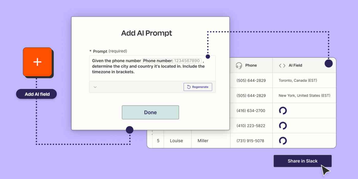 From left to right: A button to add an AI field, a window prompt the user to write an AI prompt, and a table auto-populating a field following the prompt's instructions.
