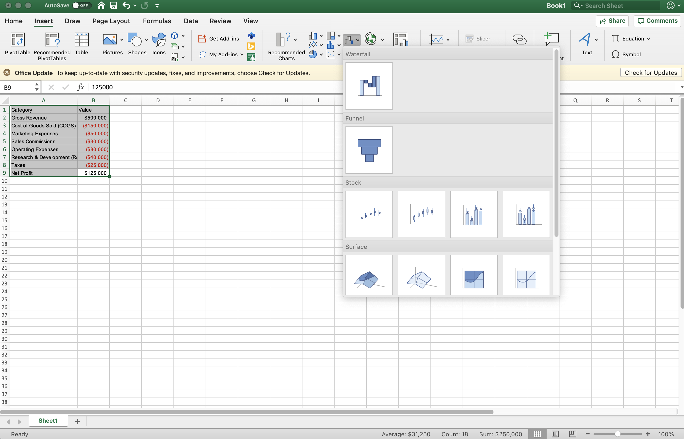 Image showing how to insert a waterfall chart in Excel
